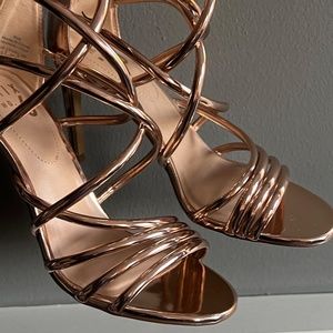 Rose Gold / Copper Heels Modern Metallic Strappy Stilettos Zip Back
